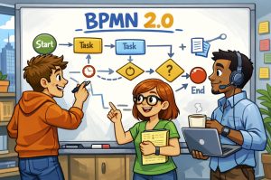 Stakeholders collaborating in a BPMN 2.0 process workshop