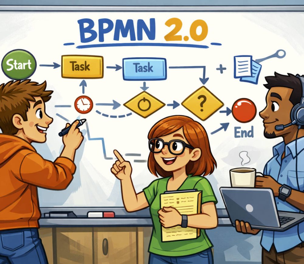Stakeholders collaborating in a BPMN 2.0 process workshop