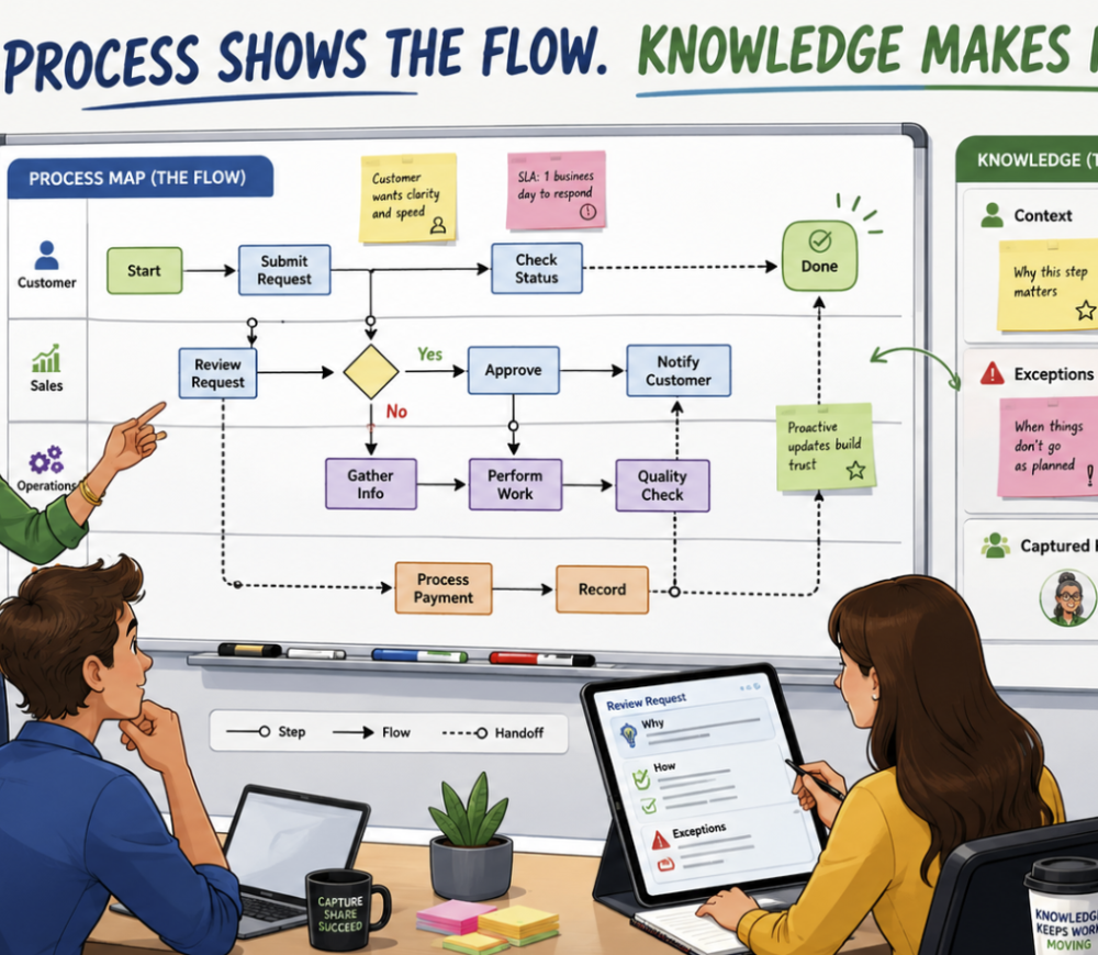 A team gathered around a whiteboard covered in sticky notes and a hand drawn swim lane diagram, working through the steps of a business process together. The image shows knowledge management and process mapping happening side by side, with people adding context and detail to each step rather than just drawing boxes and arrows.